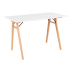 Bureau Vojens plateau blanc pieds bois naturel 120x60x75 cm vue trois quarts