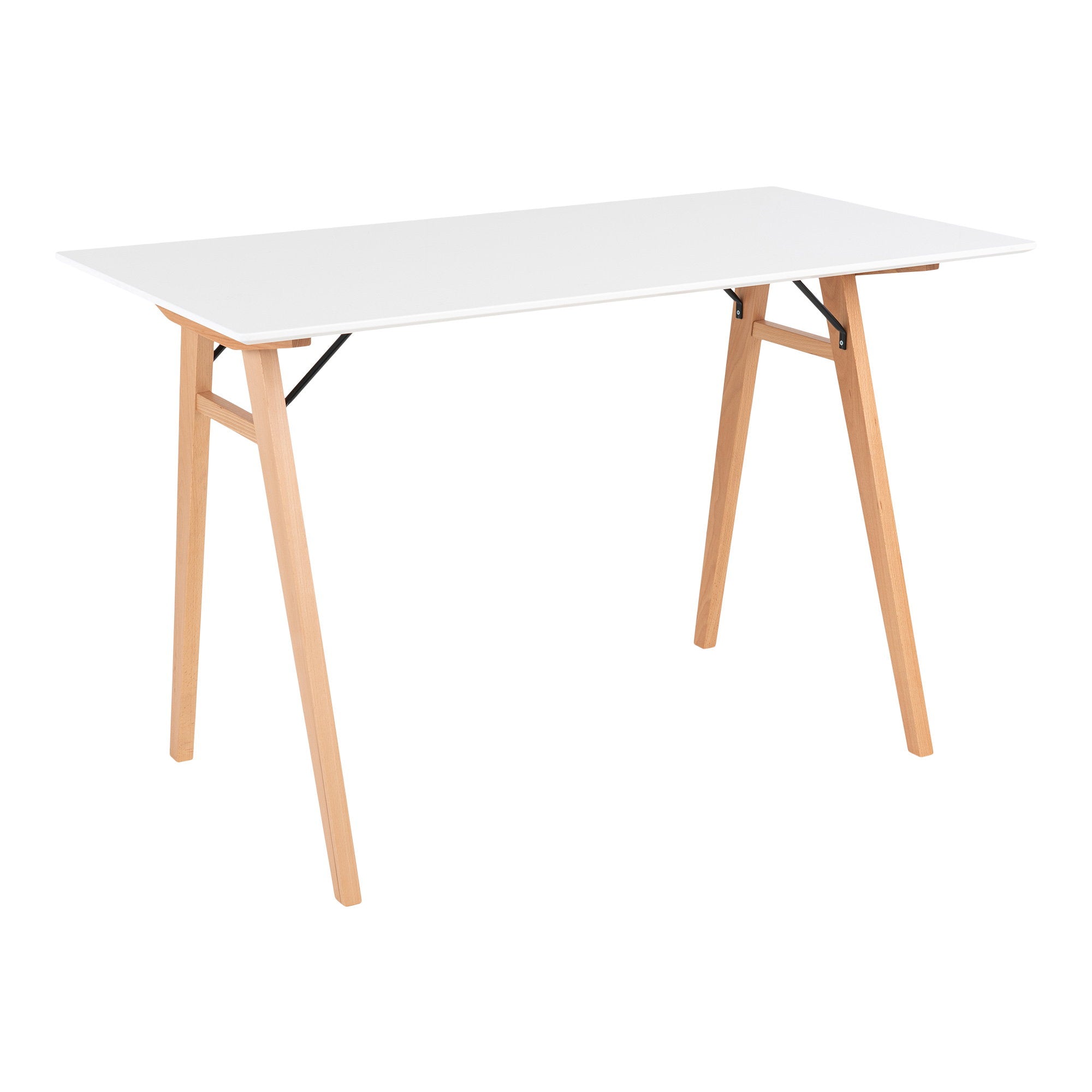 Bureau Vojens plateau blanc pieds bois naturel 120x60x75 cm vue trois quarts