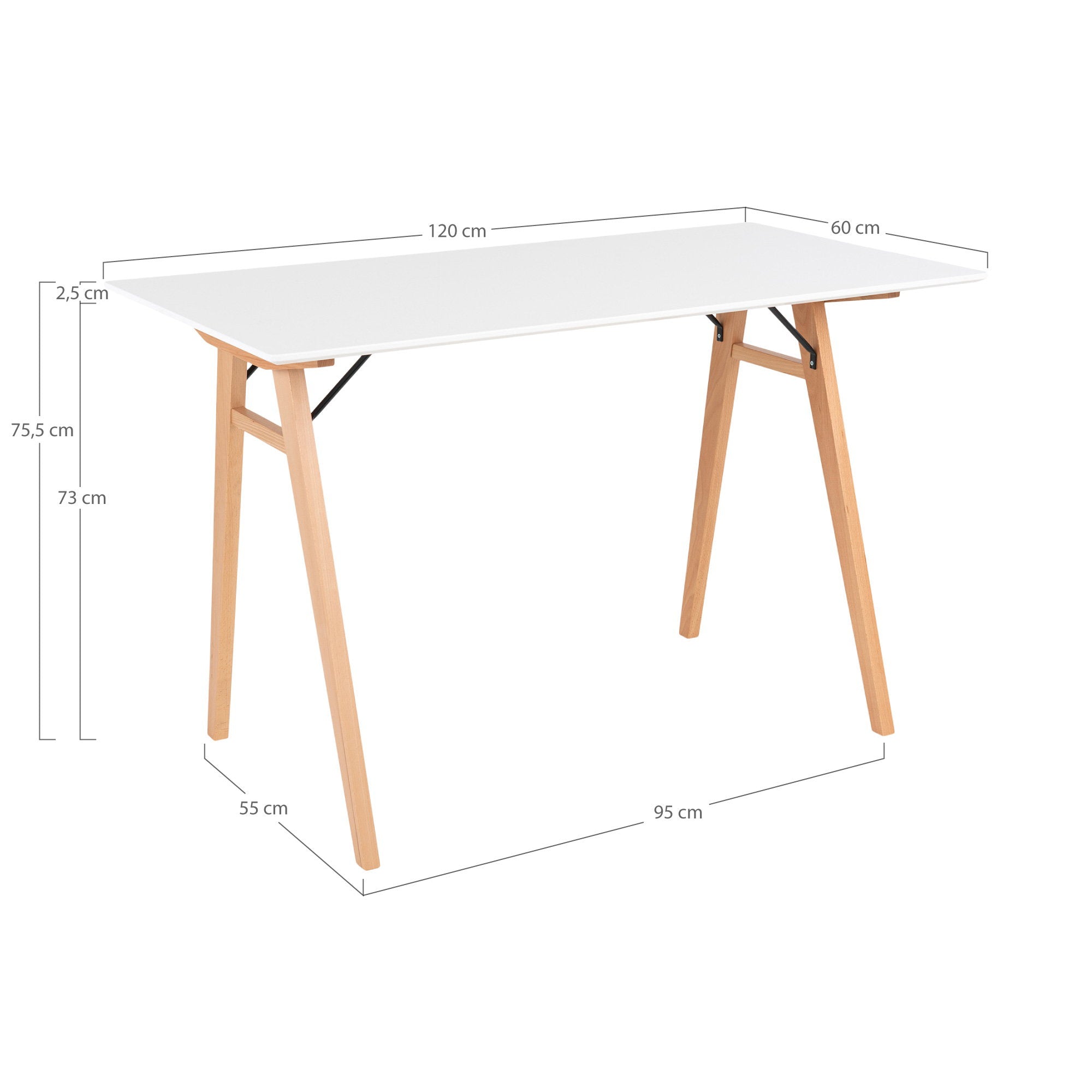 Schéma dimensions bureau Vojens blanc 120x60x75,5 cm épaisseur plateau 2,5 cm écartement pieds