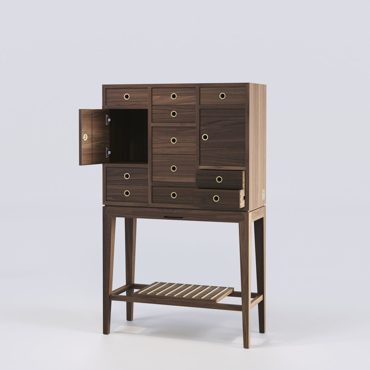 Cabinet Contador Anniversary en noyer avec sa porte et deux tiroirs ouverts