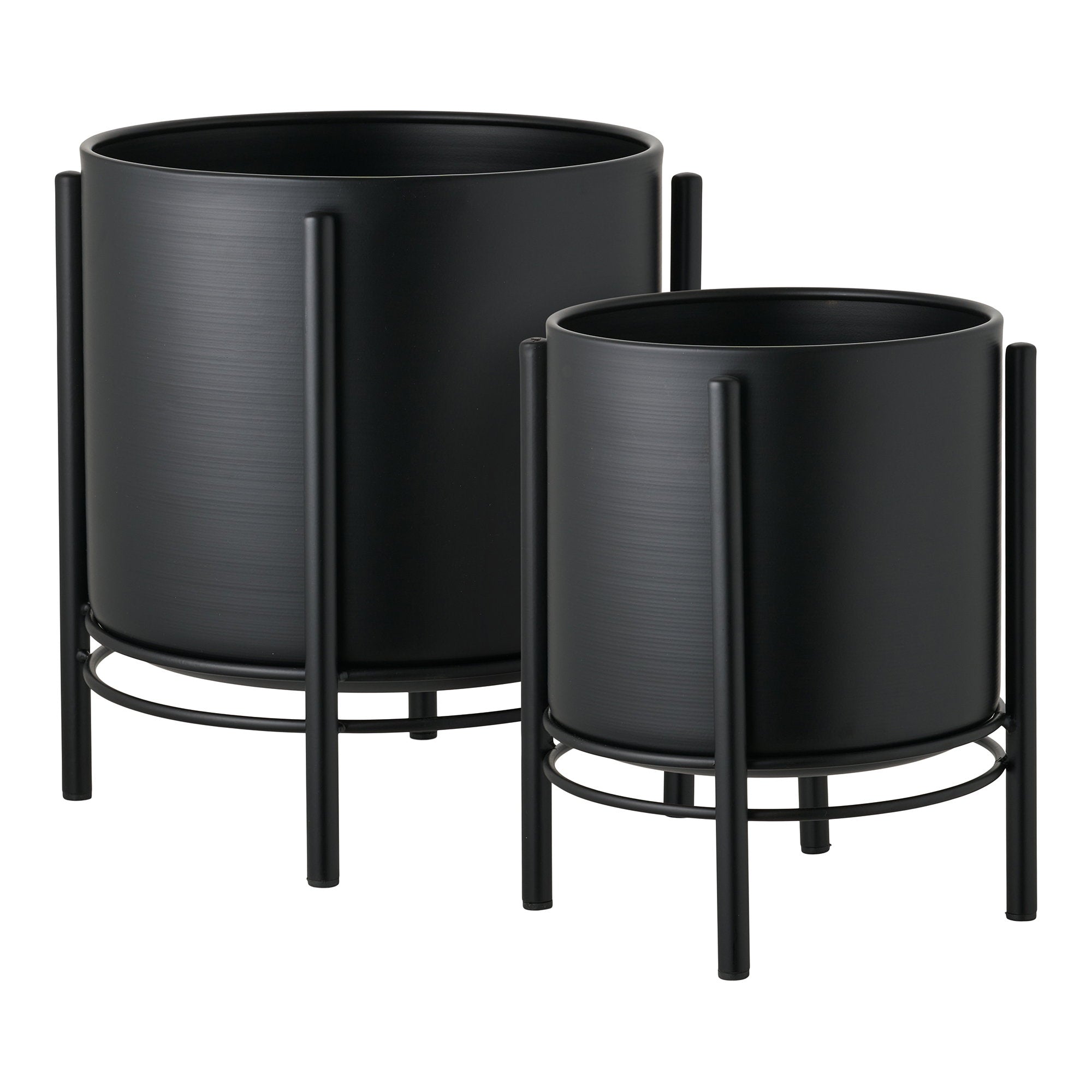 Set 2 cache-pots acier brossé noir sur pied métal vue trois quarts