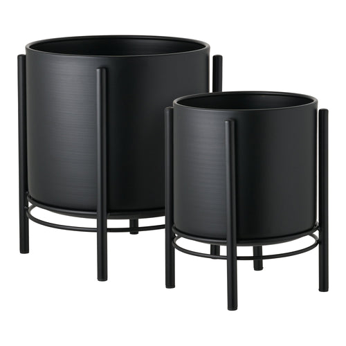 Set 2 cache-pots acier brossé noir sur pied métal vue trois quarts
