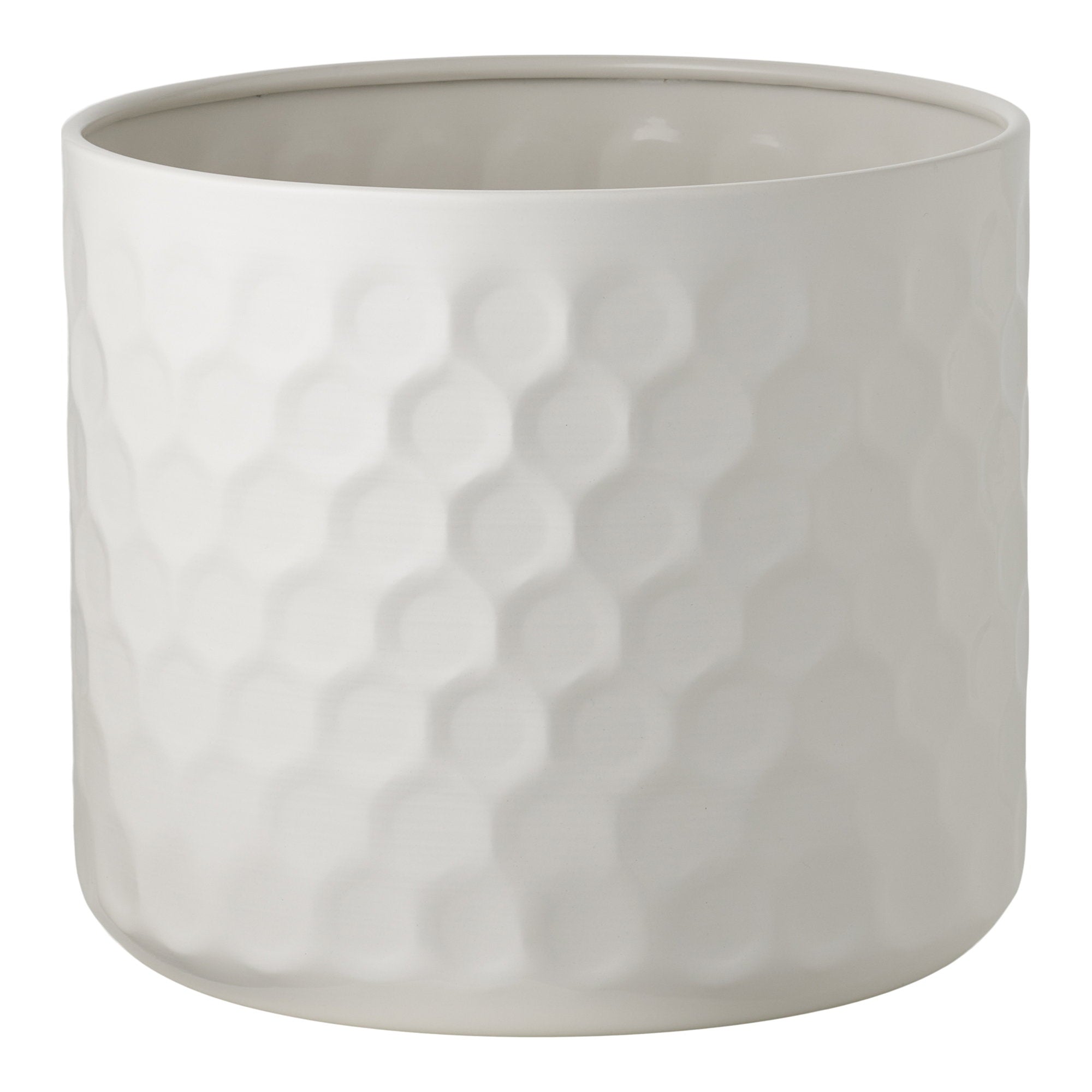 Cache-pot acier blanc mat motif hexagonal en relief vue de face fond blanc
