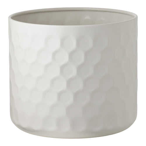 Cache-pot acier blanc mat motif hexagonal en relief vue de face fond blanc