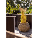Cache-pot boule Melaka en rotin kubu garni d'une graminée sur une terrasse en bois au soleil