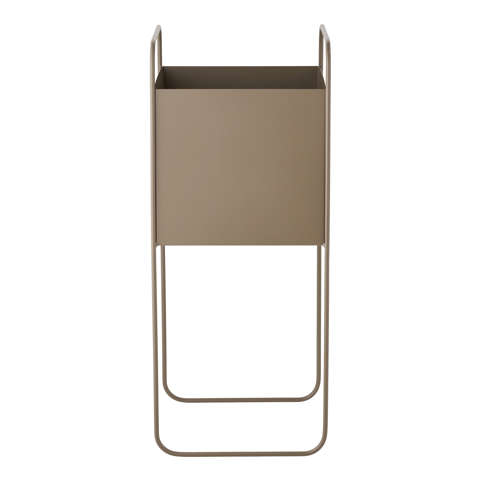 Cache-pot carré acier taupe mat sur pied filaire haut 54 cm vue de face