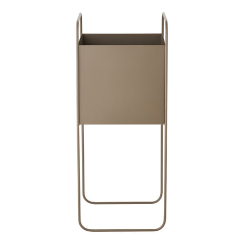 Cache-pot carré acier taupe mat sur pied filaire haut 54 cm vue de face