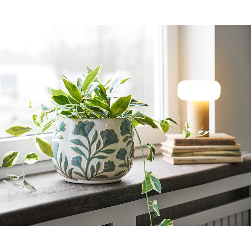 Dimensions White & Blue Ceramic Planter – Embossed Floral Pattern – ø 22.5 cm