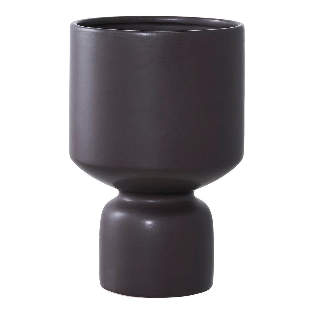 Cache-pot céramique noir mat corps cylindrique socle dôme vue de face Ø15 H23,5 cm