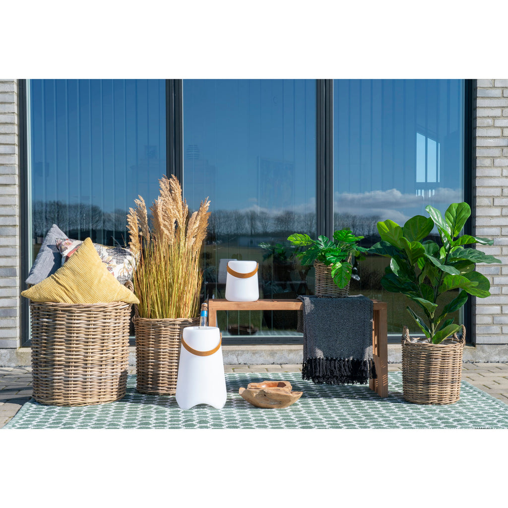 Cache-pots Caor rotin kubu avec herbes de la pampa et ficus en ambiance terrasse baie vitrée