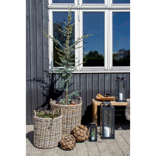 Cache-pots Indo rotin kubu avec sapin et plante en ambiance façade noire lanternes noires
