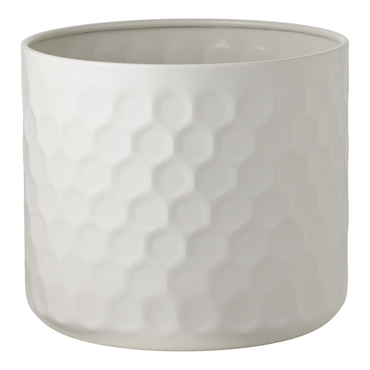 Cache-pot cylindrique en acier blanc au motif nid d'abeille en relief vu de face sur fond blanc