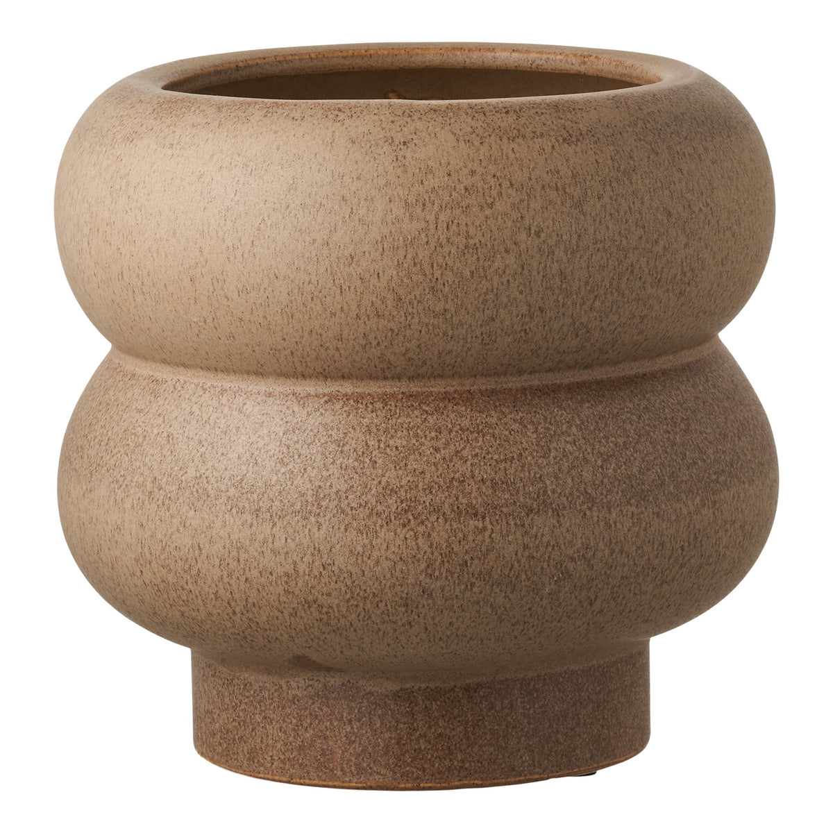 Cache-pot en céramique marron sablé vu de face avec ses deux renflements superposés et son petit pied