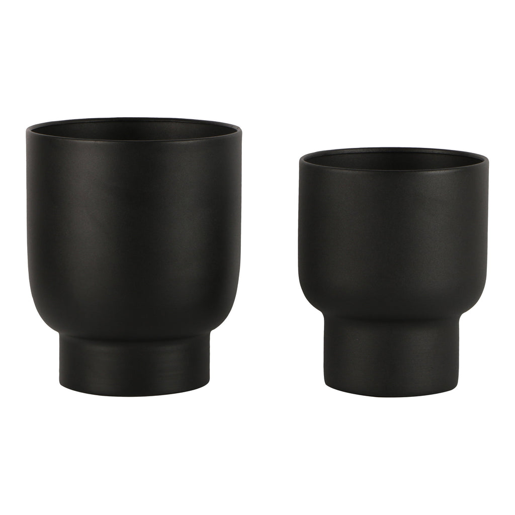 Set 2 cache-pots métal noir mat silhouette sculpturale fond blanc
