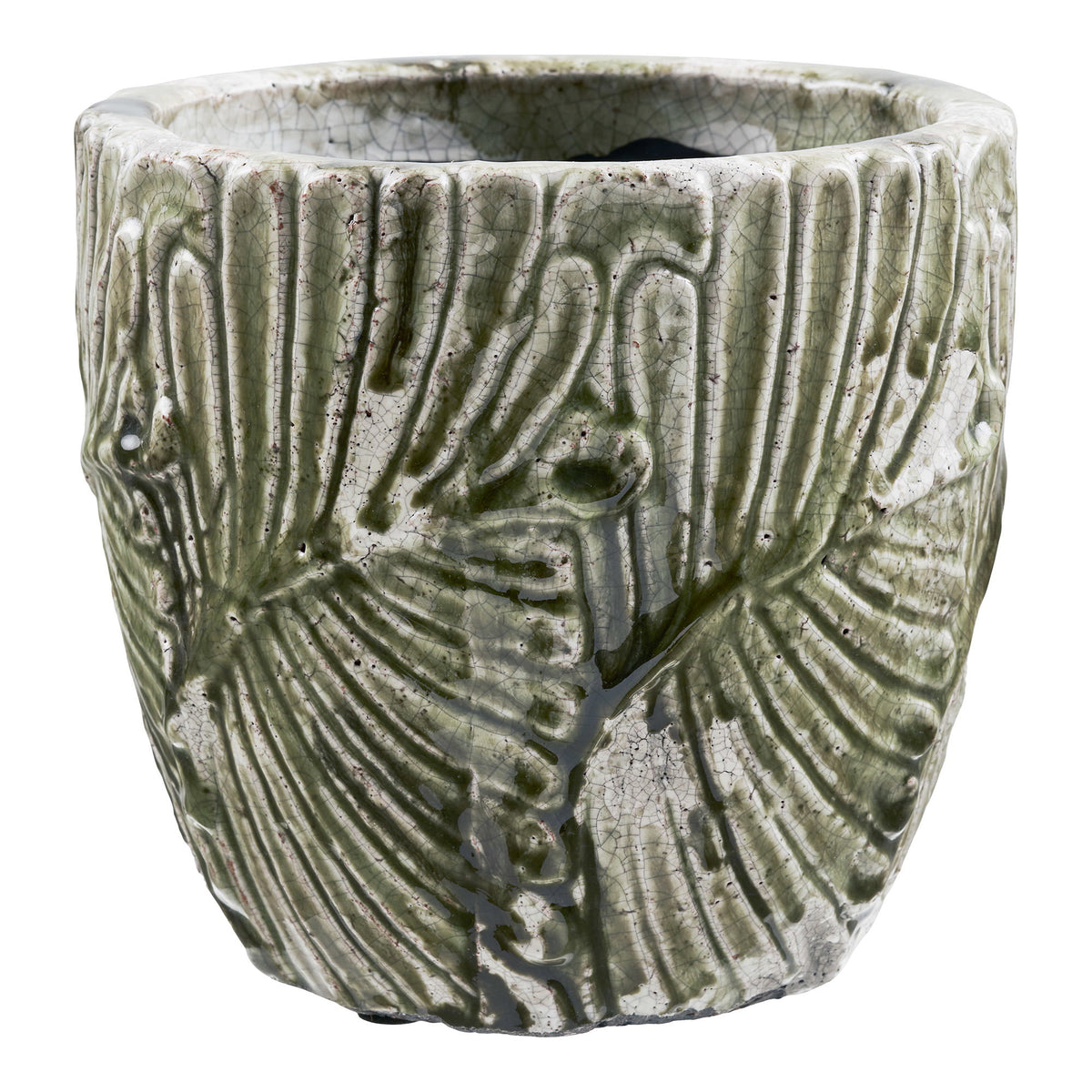 Cache-pot en terre cuite émaillée vert et blanc à décor gravé en éventails
