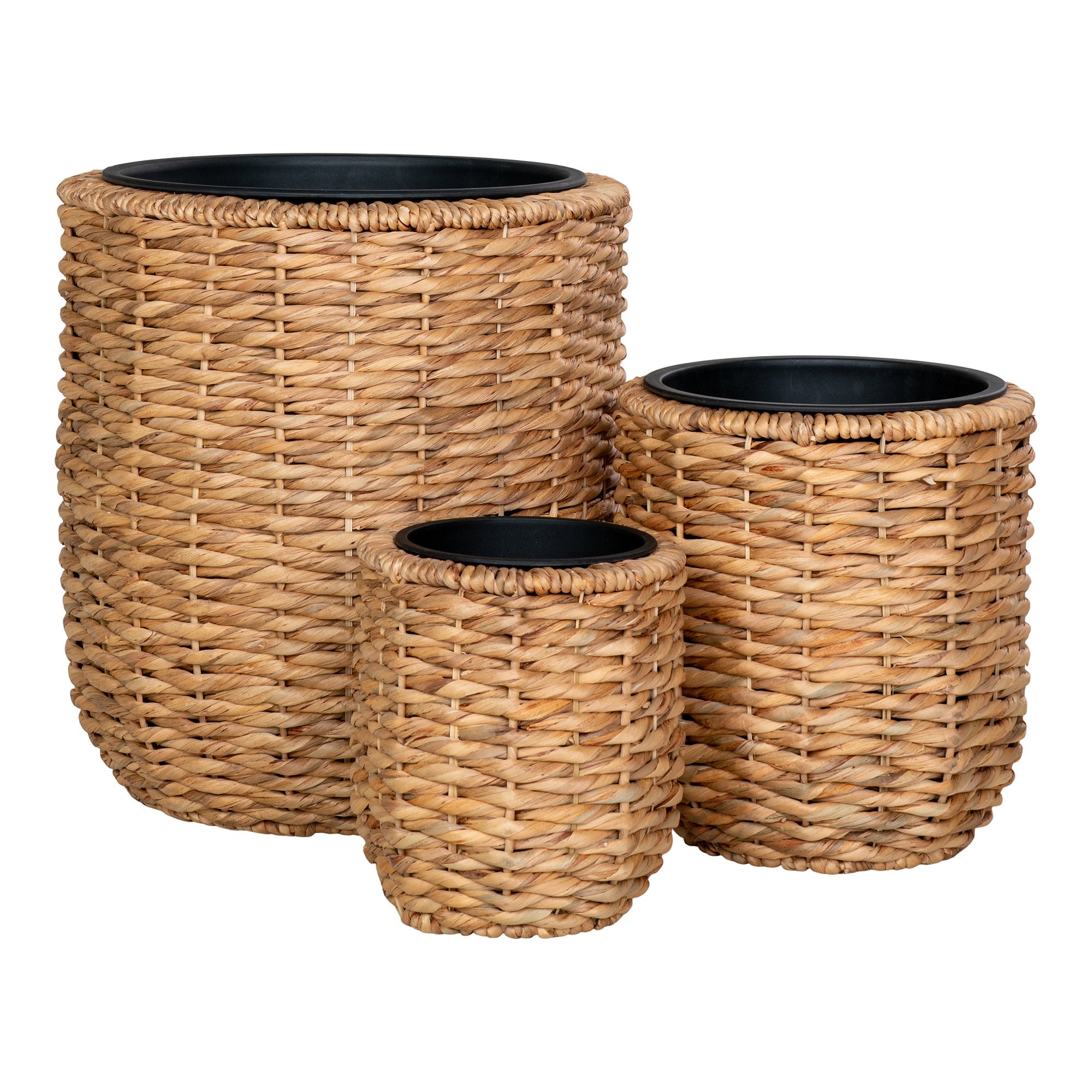 Cache-pots cylindriques Hanoi jacinthe eau tressée set de 3 avec pot plastique noir intégré