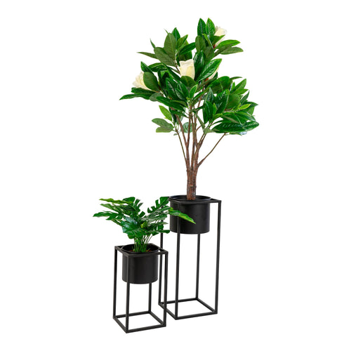 Set 2 cache-pots Marla noirs avec magnolia et monstera vue angle fond blanc