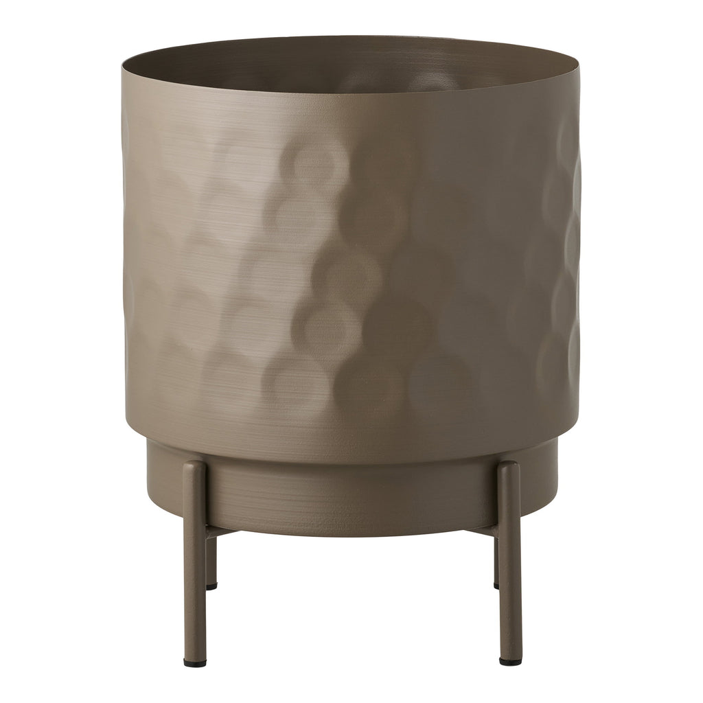 Cache-pot cylindrique acier martelé taupe mat sur pied vue de face
