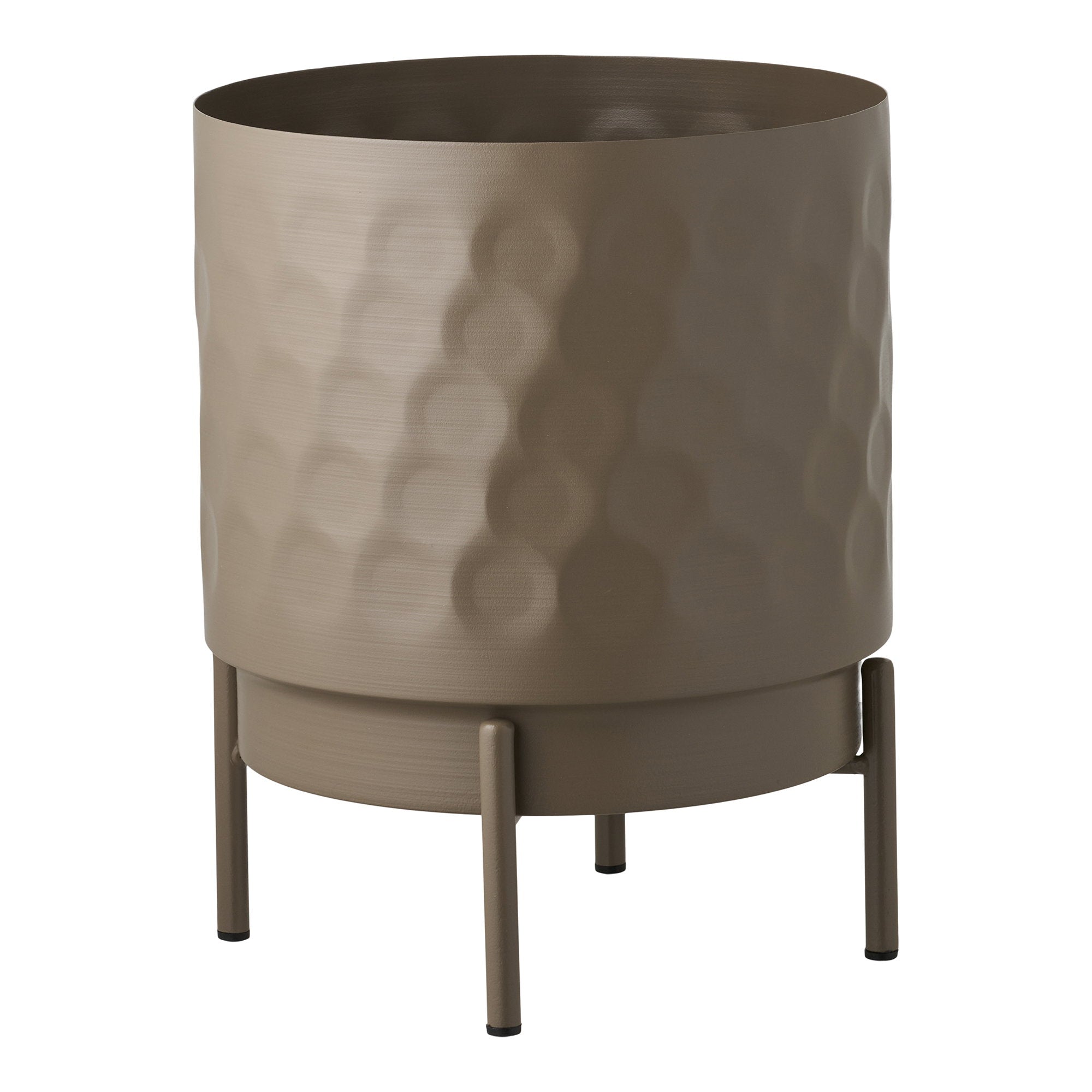 Cache-pot acier martelé taupe sur pied quatre pieds vue trois quarts fond blanc