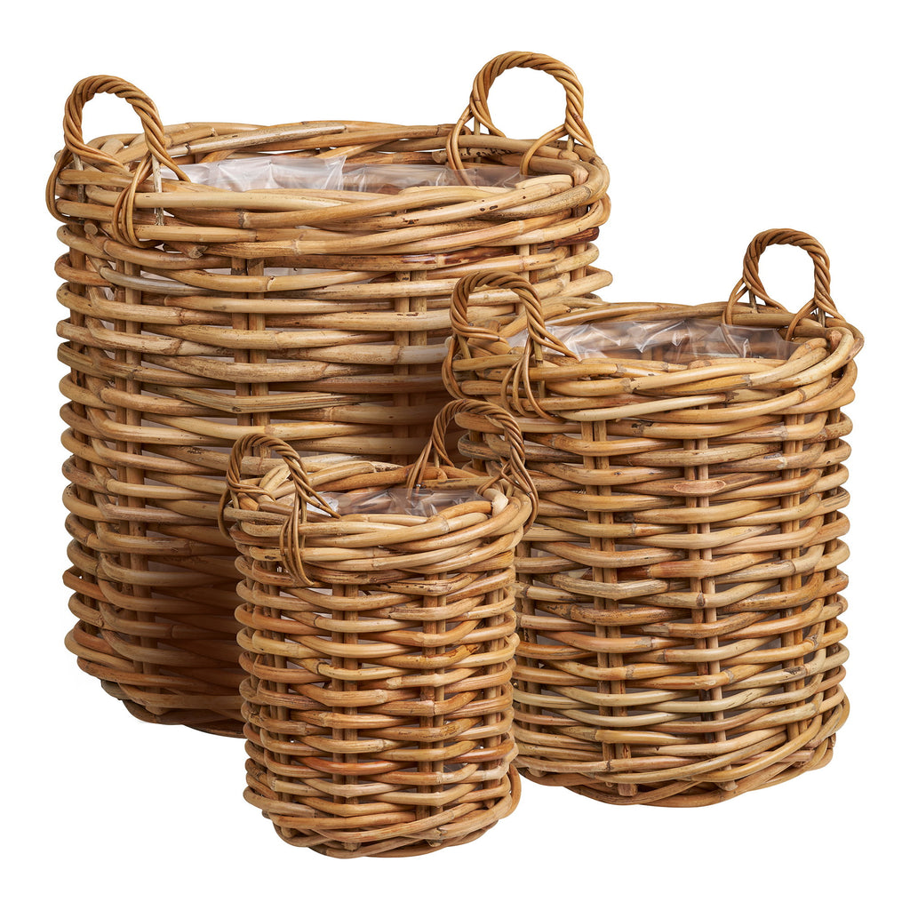 Cache-pots ronds Burton rotin naturel tressé set de 3 avec anses torsadées doublure plastique