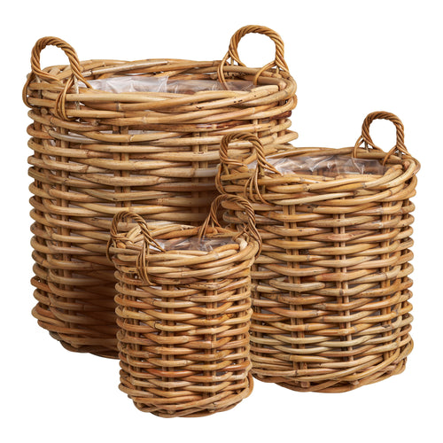 Cache-pots ronds Burton rotin naturel tressé set de 3 avec anses torsadées doublure plastique