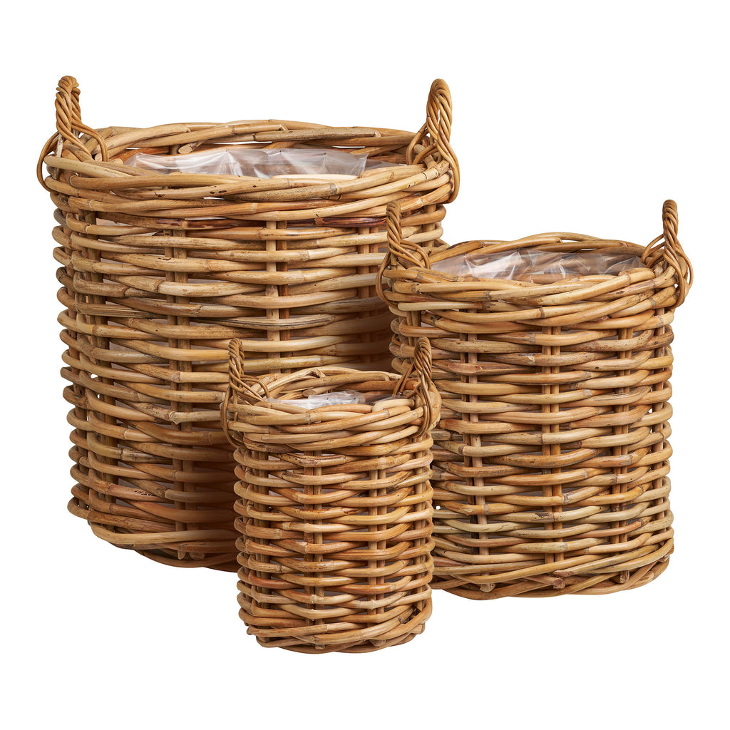 Set 3 cache-pots Burton rotin naturel grand calibre vue de face fond blanc doublure incluse