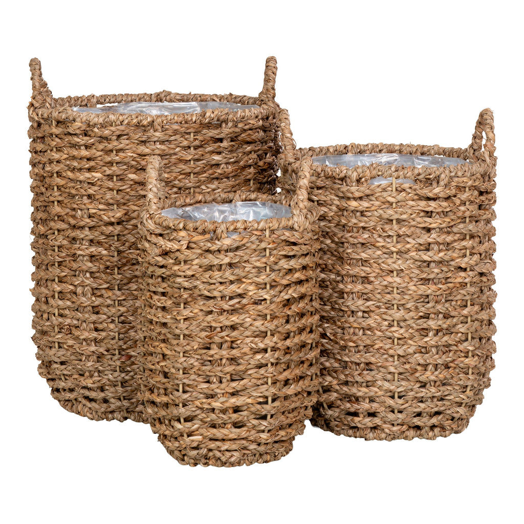 Cache-pots cylindriques Hue herbe de mer tressée set de 3 anses intégrées doublure plastique