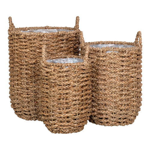 Cache-pots cylindriques Hue herbe de mer tressée set de 3 anses intégrées doublure plastique