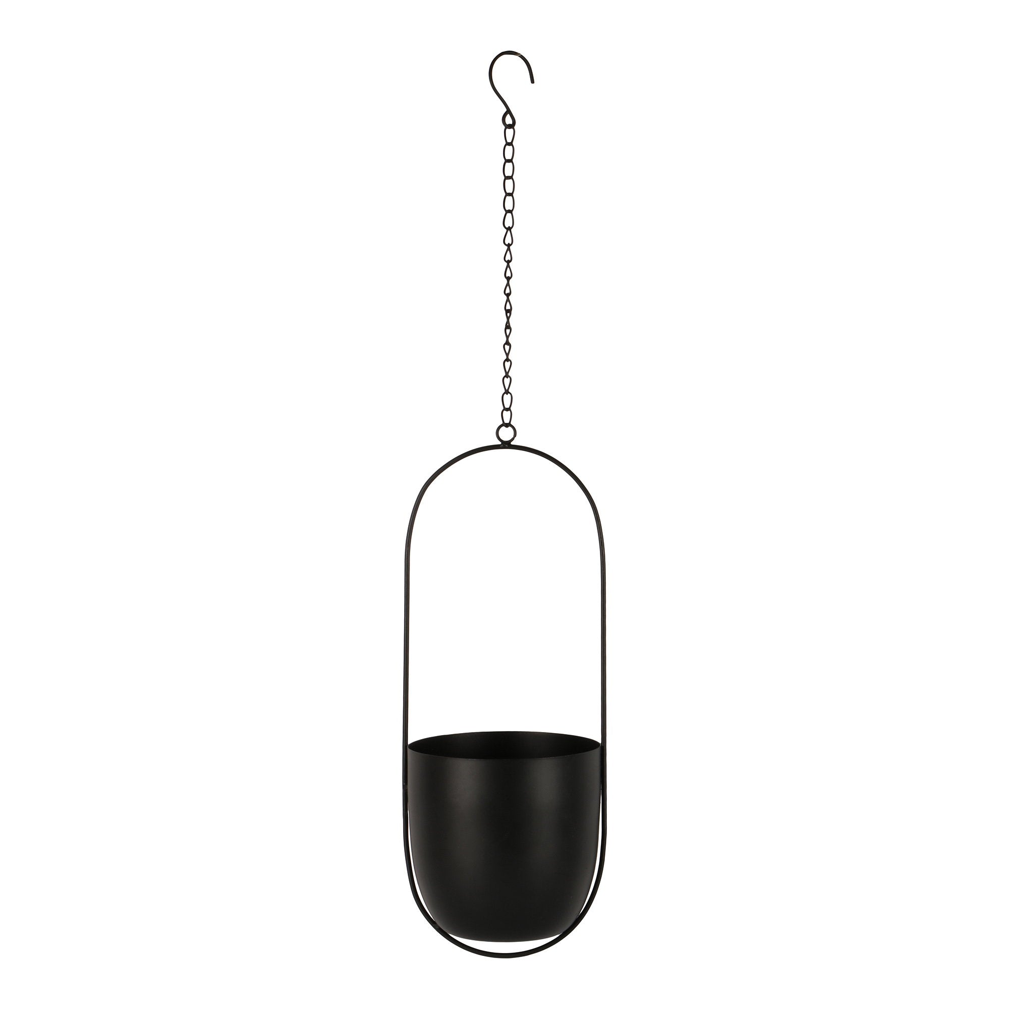 Cache-pot suspendu Celle noir mat métal arceau ovale chaîne crochet fond blanc