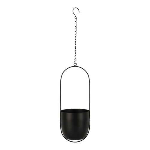 Cache-pot suspendu Celle noir mat métal arceau ovale chaîne crochet fond blanc