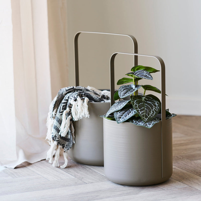 Dimensions Cache-pots à anse en acier brossé taupe set de 2