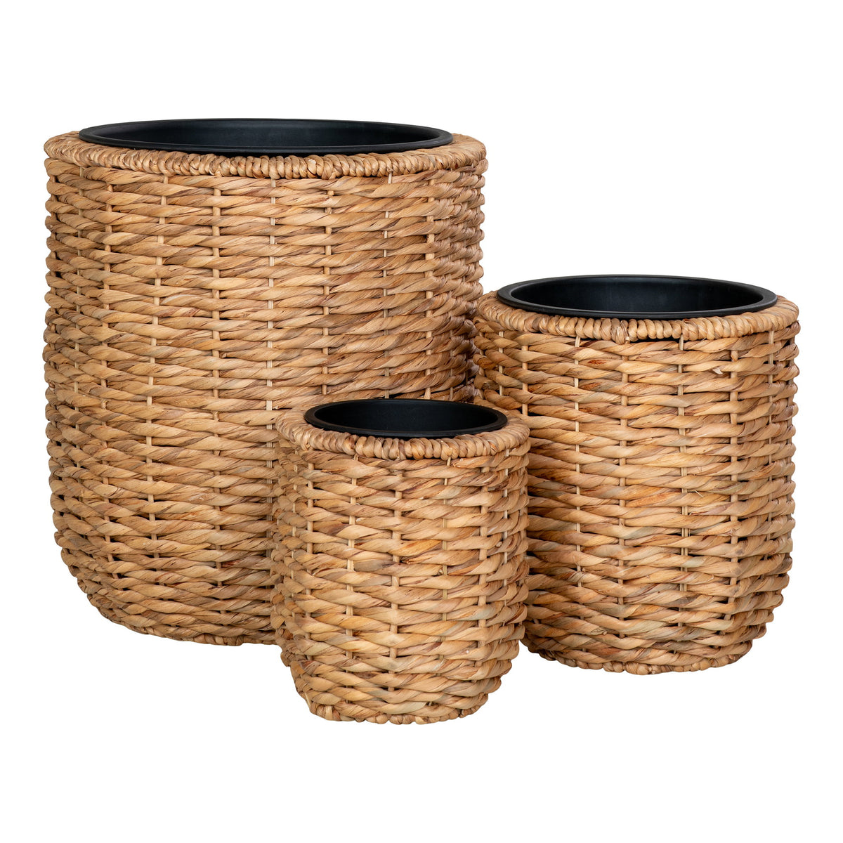 Trois cache-pots Hanoi en jacinthe d'eau tressée naturelle avec leurs pots intérieurs noirs