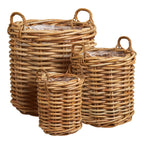 Set de trois cache-pots ronds Burton en rotin naturel tressé avec anses torsadées et doublure plastique