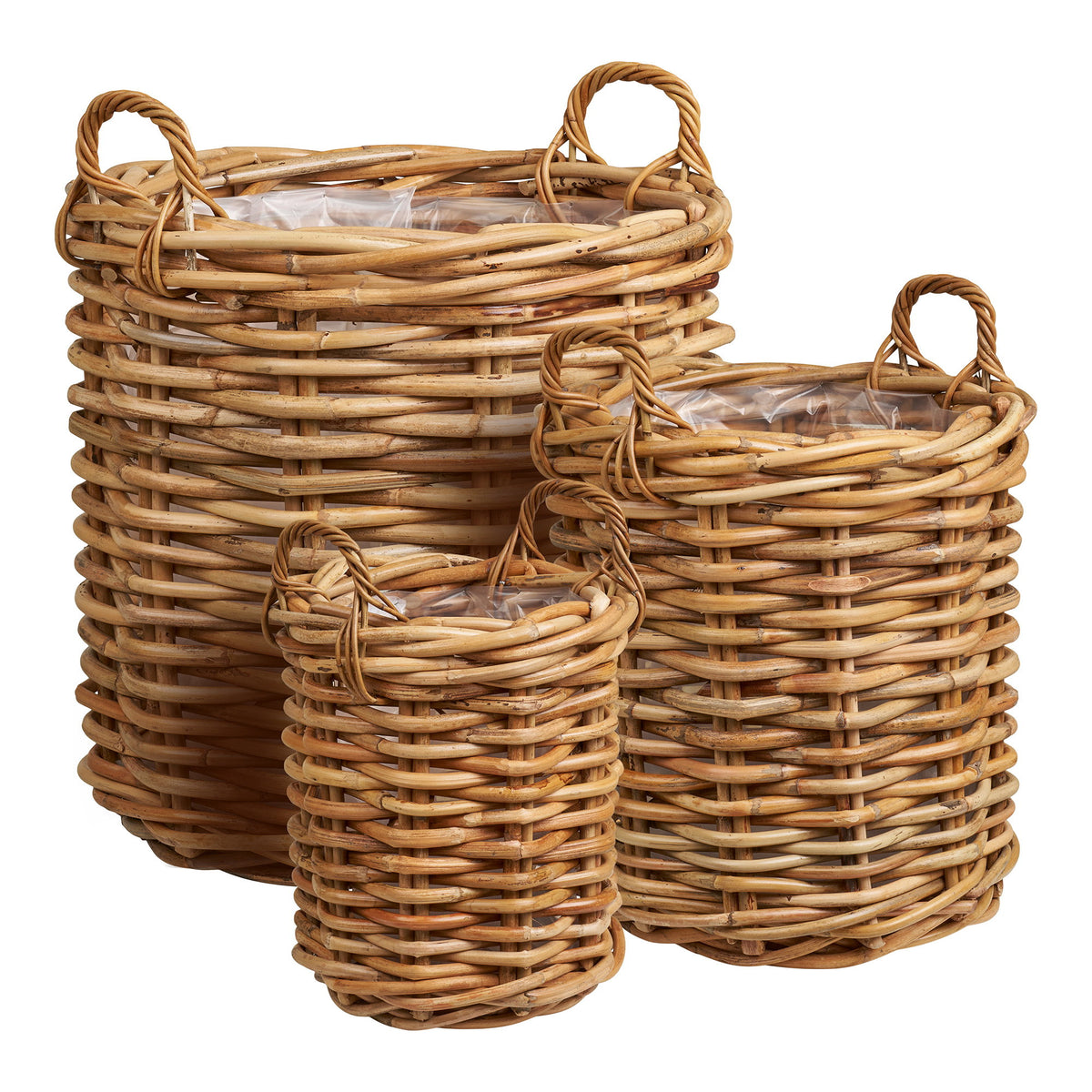 Set de trois cache-pots ronds Burton en rotin naturel tressé avec anses torsadées et doublure plastique