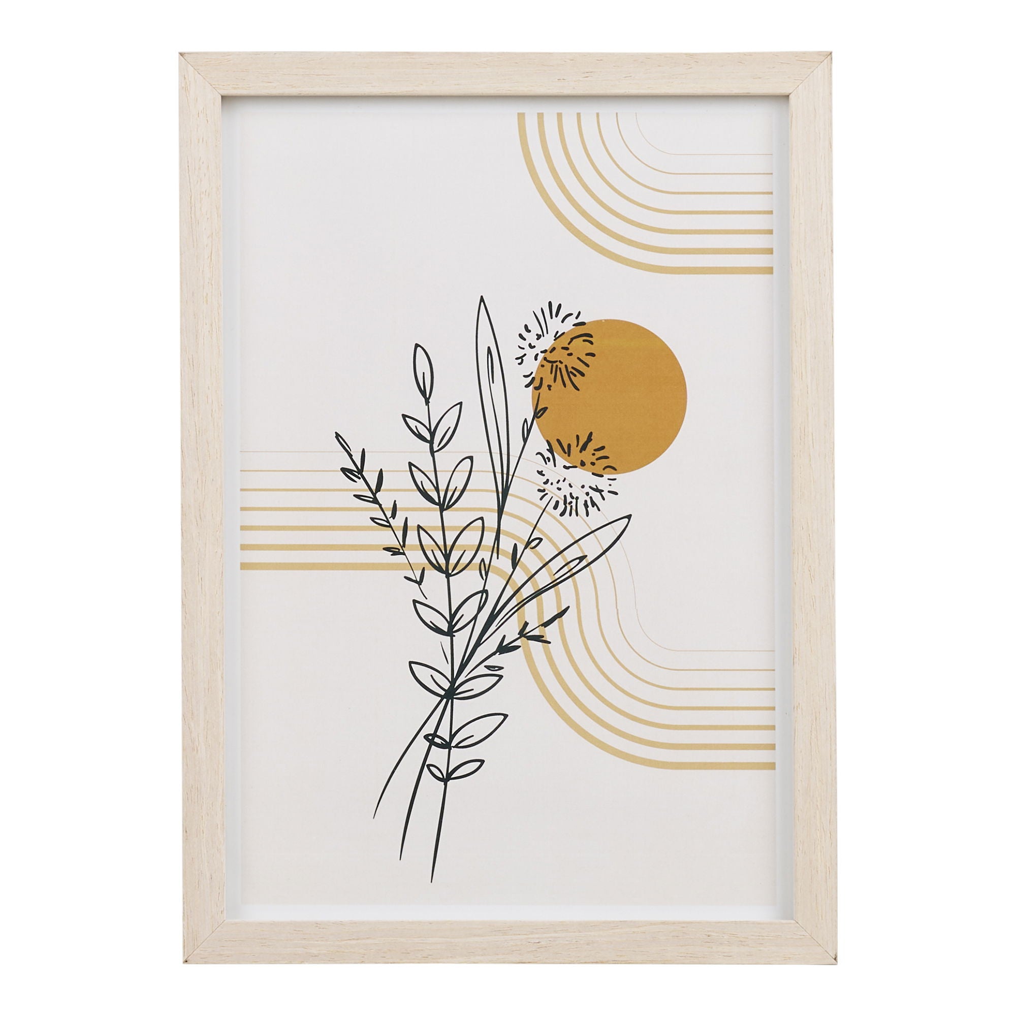 Cadre Madison bouquet botanique encre noire soleil ocre lignes gold bois blanchi