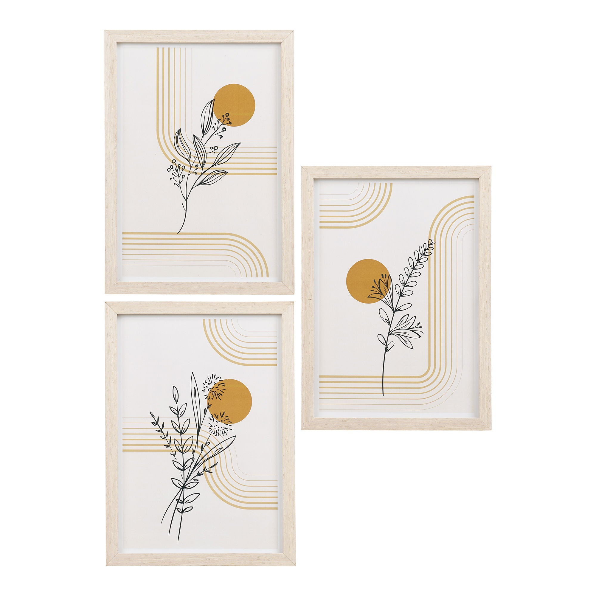 Set 3 cadres botaniques dorés Madison bois naturel format A4 vue ensemble face