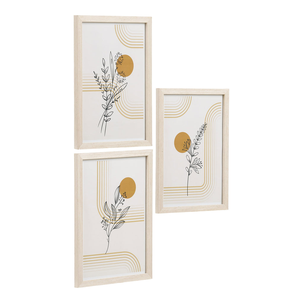 Set 3 cadres Madison illustrations botaniques ocre doré fond blanc bois naturel angle