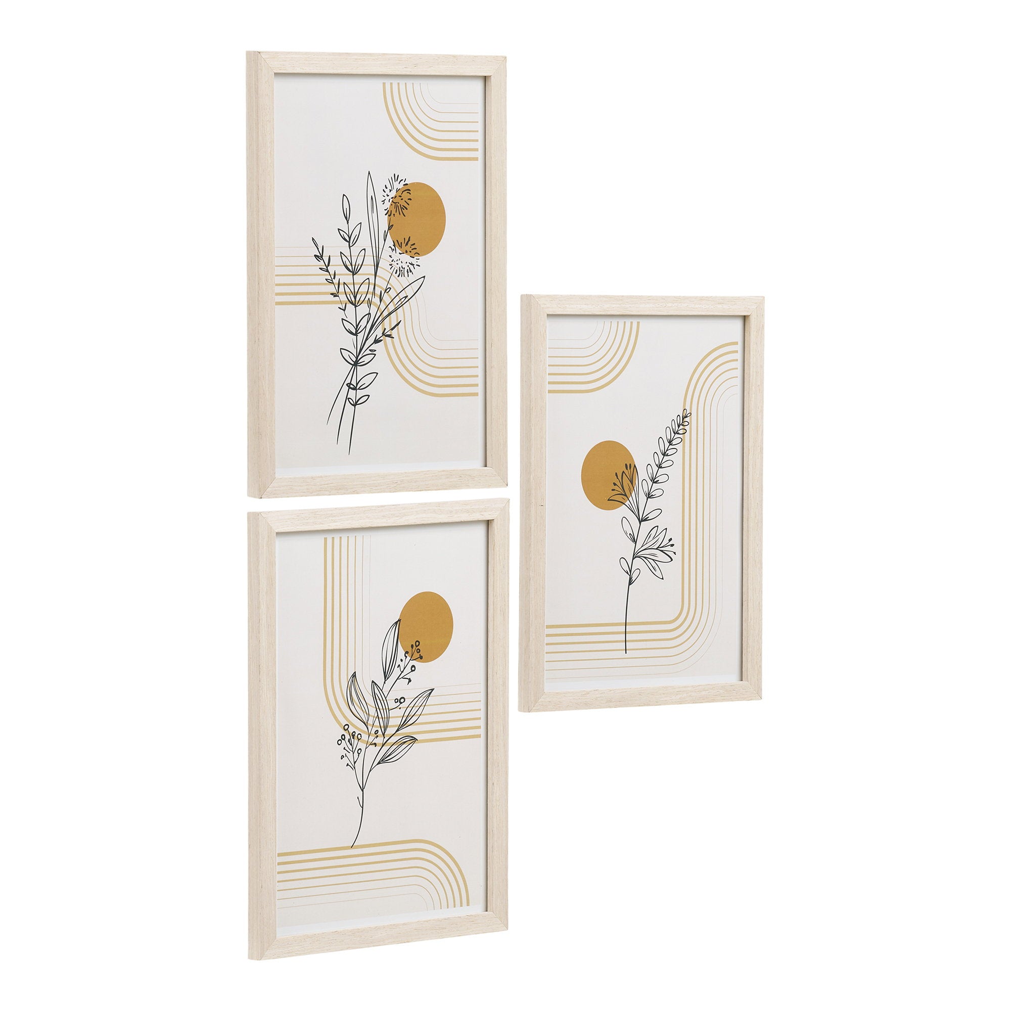 Set 3 cadres Madison illustrations botaniques ocre doré fond blanc bois naturel angle
