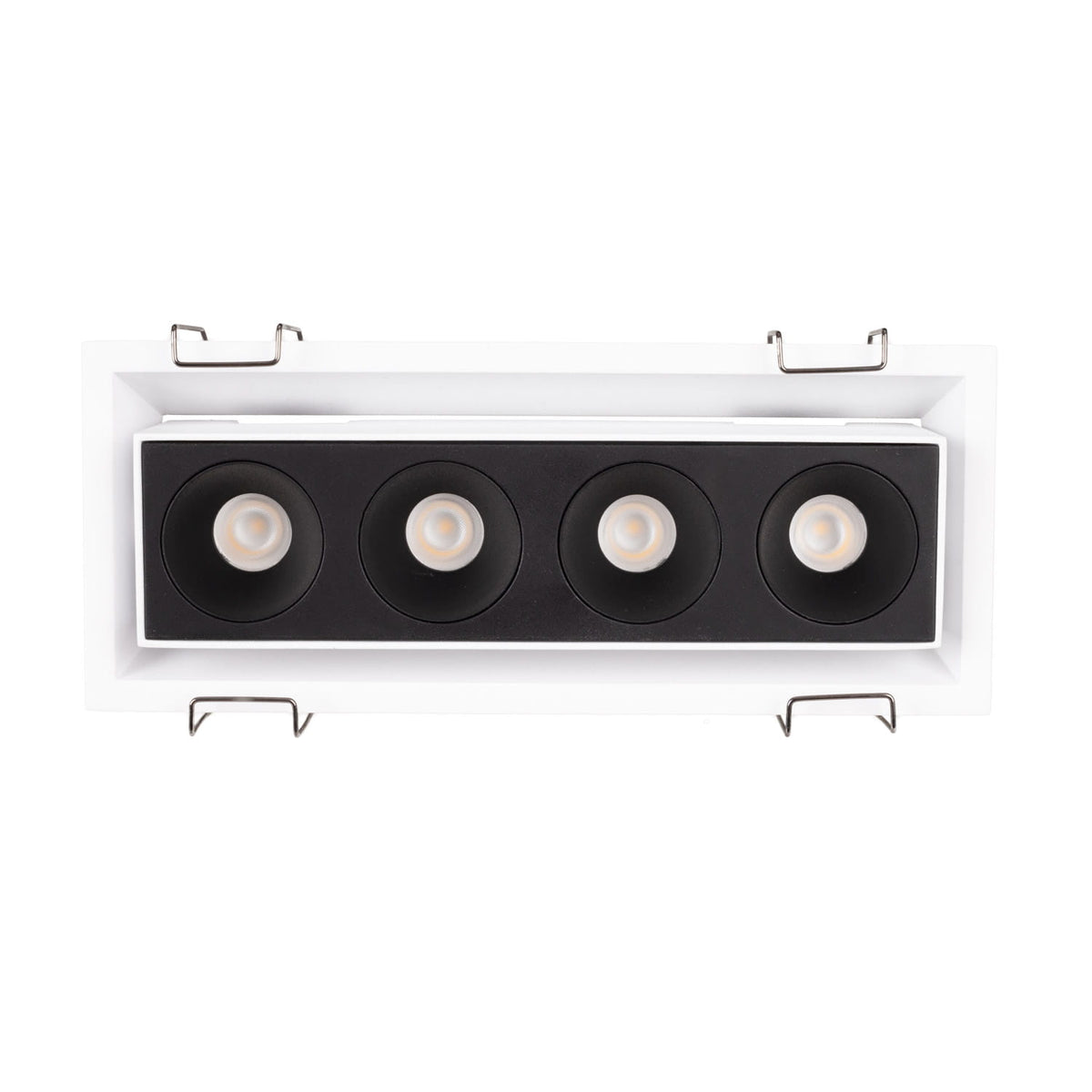 Cadre de spot encastré Modular blanc équipé de son module à quatre cellules noires avec ses ressorts de fixation