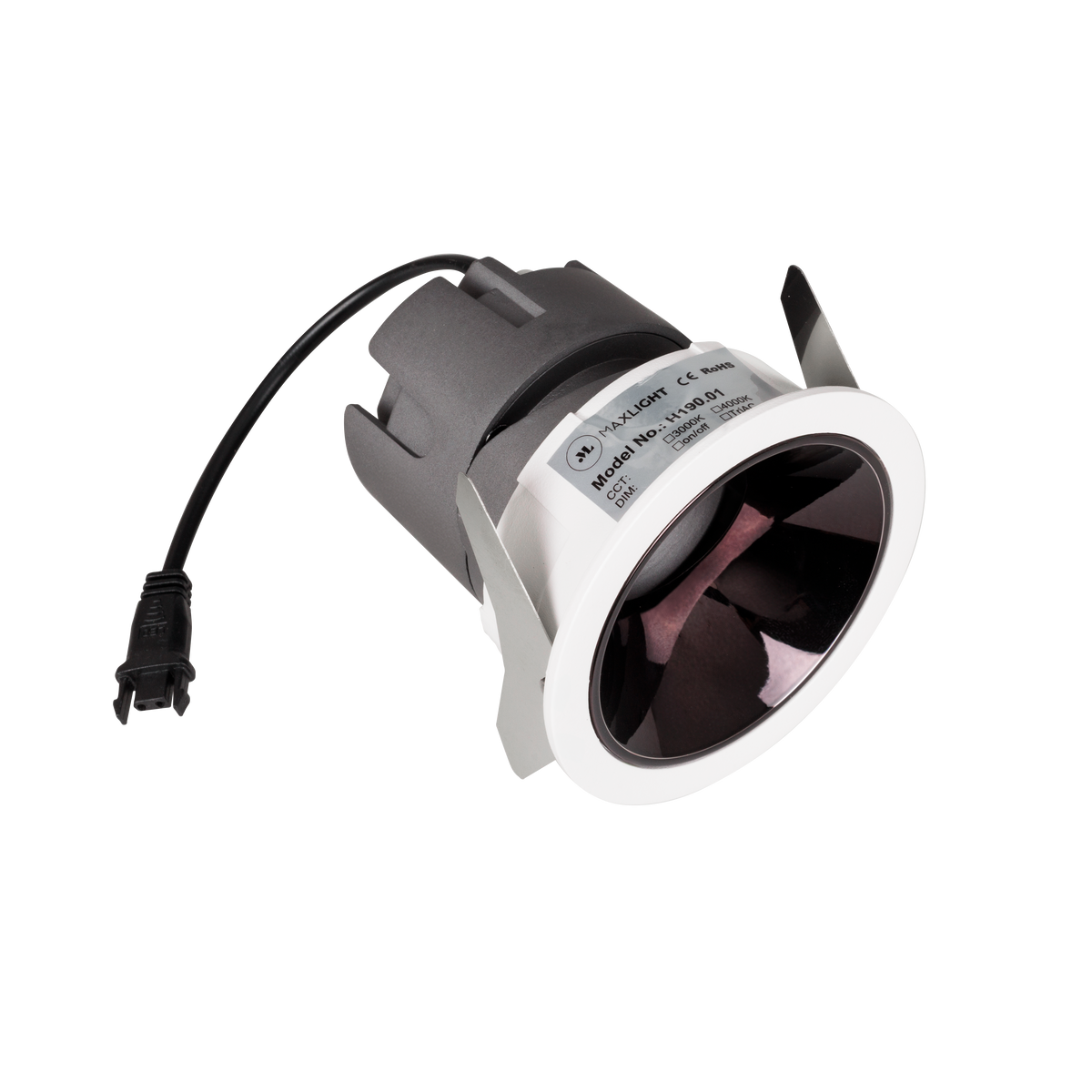 Cadre de spot encastré Spilio blanc vu de trois quarts avec ses ressorts et un module LED en place dont le boîtier et le câble dépassent à l'arrière