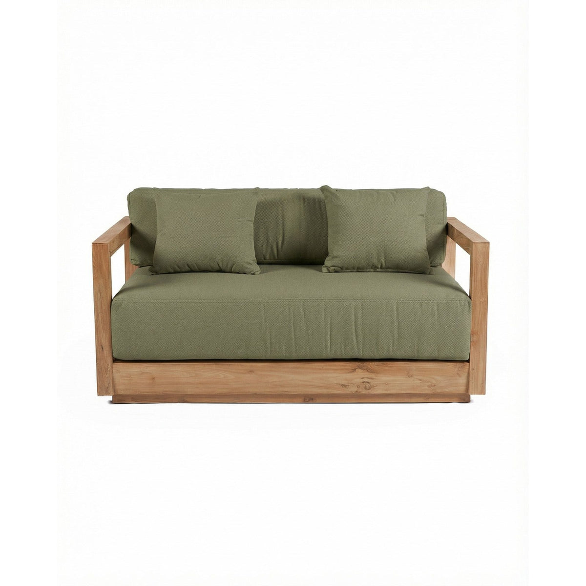 Canapé Umalas en teck recyclé vu de face sur fond blanc assise épaisse et coussins verts