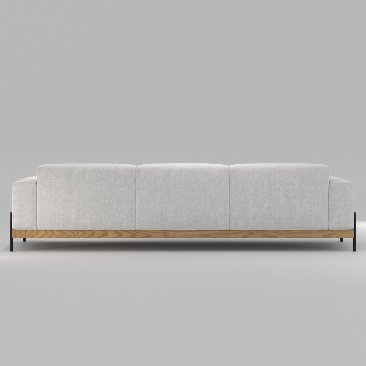 Canapé Bowie 3 places en chêne et tissu gris clair vu de dos