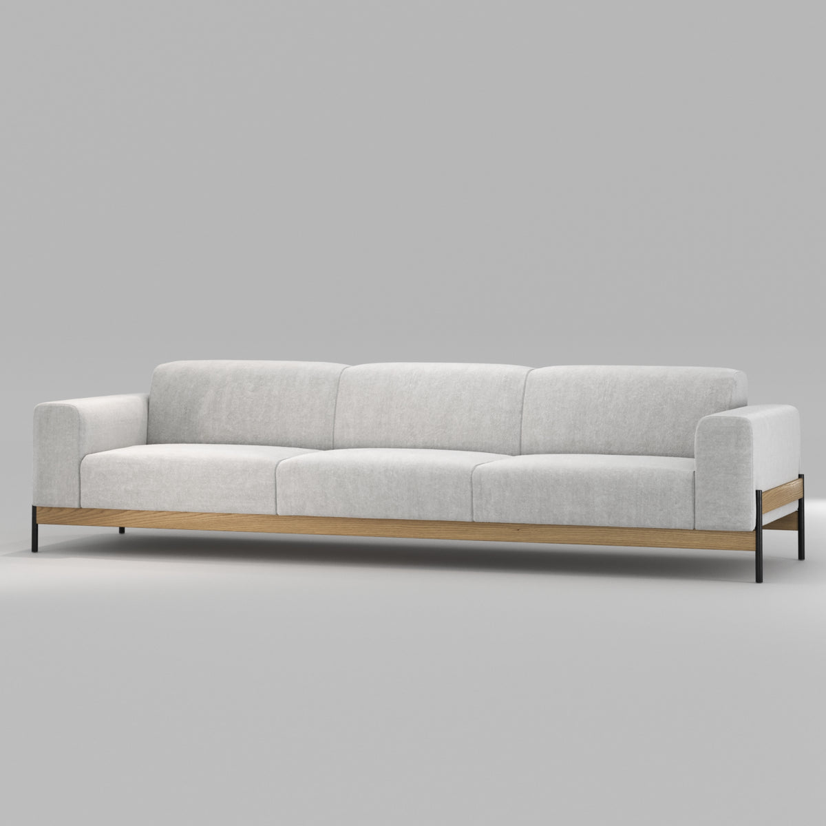 Canapé Bowie 3 places en chêne et tissu gris clair vu de trois quarts