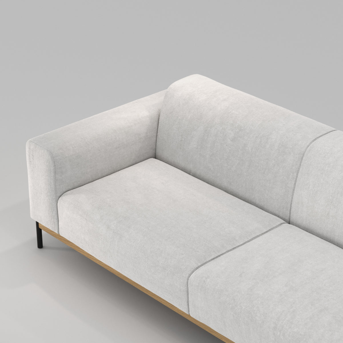 Assise du canapé Bowie en chêne et tissu gris clair vue en plongée