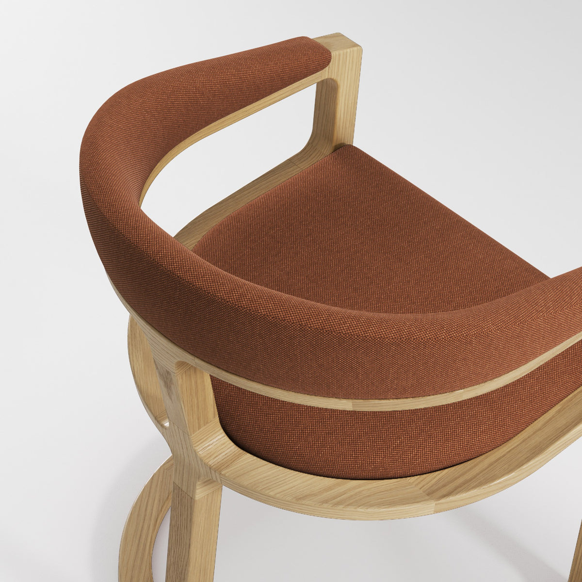 Détail du garnissage de la chaise à accoudoirs Kobe en chêne et tissu rouille