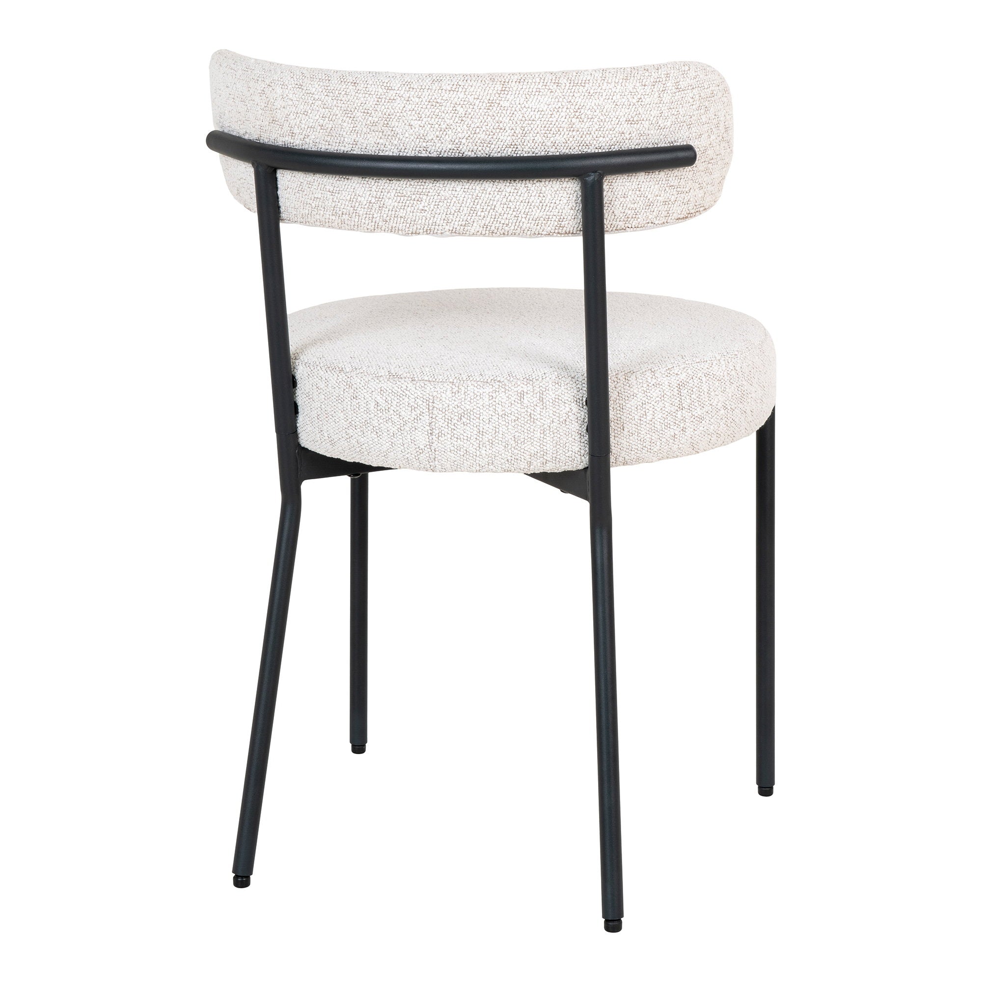 Chaise Badalona bouclé blanc vue arrière structure acier noir tubulaire et assise ronde rembourrée