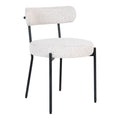 Chaise de salle à manger Badalona en tissu bouclé blanc assise ronde et dossier rouleau pieds acier noir vue trois quarts