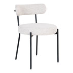 Chaise de salle à manger Badalona en tissu bouclé blanc assise ronde et dossier rouleau pieds acier noir vue trois quarts