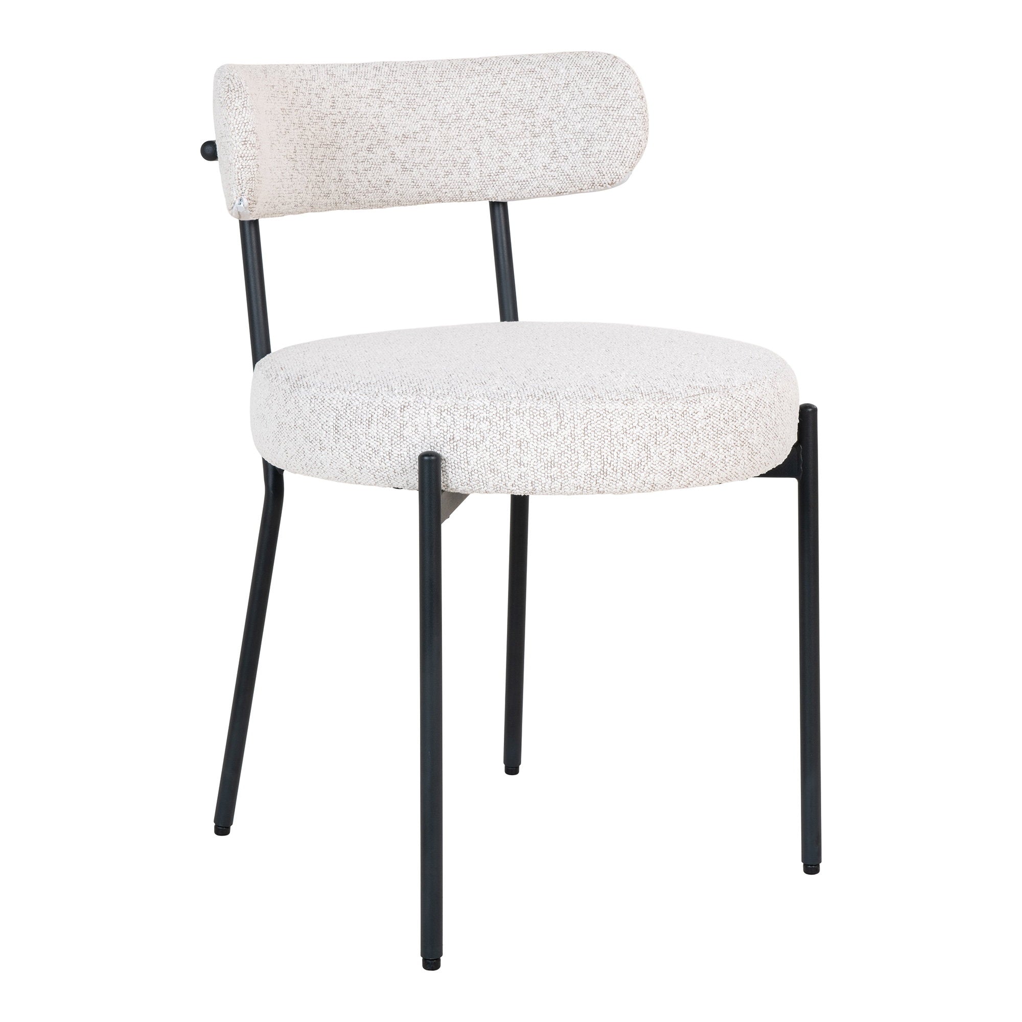 Chaise de salle à manger Badalona en tissu bouclé blanc assise ronde et dossier rouleau pieds acier noir vue trois quarts