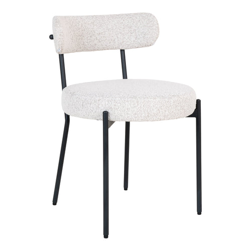 Chaise de salle à manger Badalona en tissu bouclé blanc assise ronde et dossier rouleau pieds acier noir vue trois quarts
